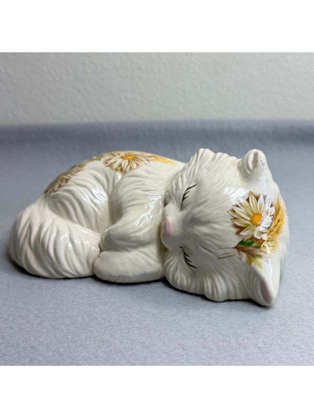Vintage Lefton Ceramic Sleeping Cat Wall Plaque Daisy Wheat Figurine 1629 - Picture 12 of 13
